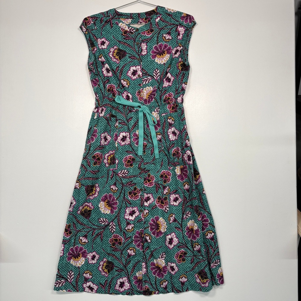 LOFT Women Dress 6 Teal Floral Button Front Sleeveless Midi Pockets Cotton Modal
